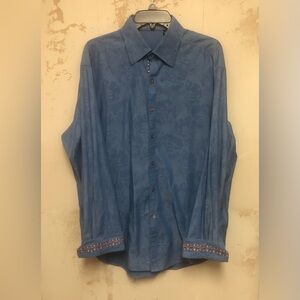 Robert Graham blue floral embossed multicolor thread accents shirt size XL